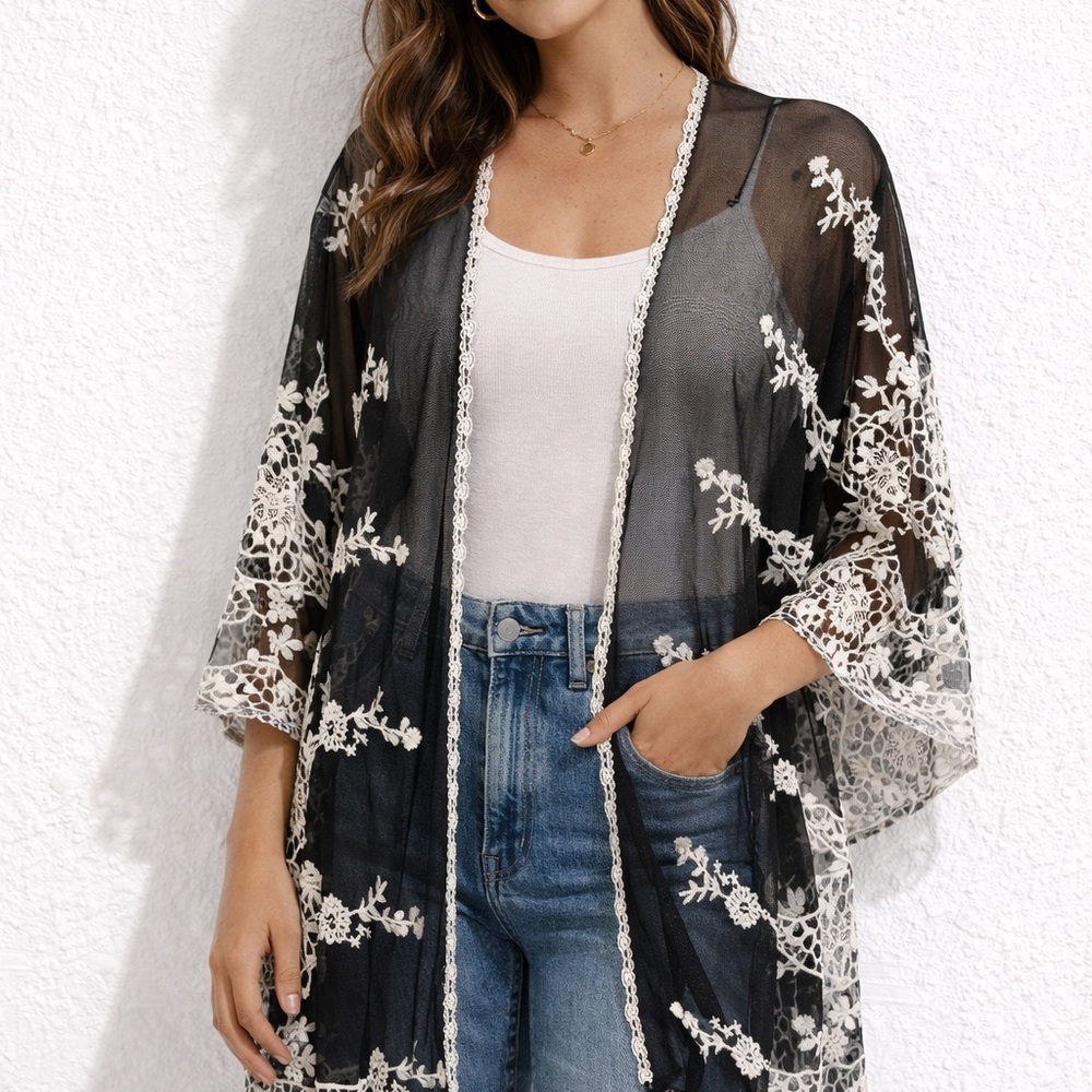 Black Sheer Lace-Trim Kimono Cover-Up L/XL